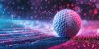 Golf ball over a vigorous, vibrantly colored, digitally generated sport scene depicting neon, electrical discharges, and fire and space, Generative AI.