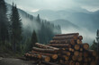 Piled Logs in Misty Mountain Forest Environment