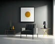 interior design of a minimalism living room with sofa and table, pendant lights, hanging lamps, decor painting, wall art, simplicity, plant, grey, green, gold, 3d, AI