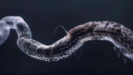 Canvas Print - A detailed image of a nematodes movement with its smooth body visibly undulating and a circular curly tail at the other end. The microscopic . AI generation.