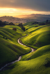 Wall Mural - Sunlit Green Hills with Winding River at Sunset