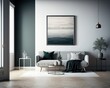 living room with sofa and table, minimalistic contemporary interior design, pendant lights, hanging lamps,  decor painting, wall art, simplicity, plant, grey, green, gold, 3d, AI