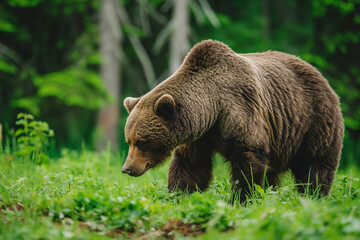 Wall Mural - An inquisitive brown bear meanders through a lush green grove, its focus captured in the soft forest light filtering through the canopy.