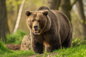 Wall Mural - A brown bear ambles forward with a gentle gaze, its mouth slightly open in a serene woodland clearing, illuminated by soft sunlight.