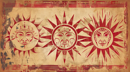 native american indians red three sun with face motif.