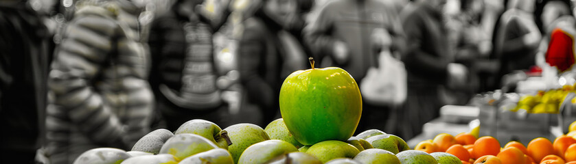 Wall Mural - A green apple is on top of a pile of fruit