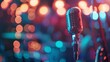 A close up of a vintage microphone with a blurred background of bokeh lights.