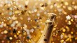 A close-up of a champagne bottle with a gold foil top and stars and confetti in the background.