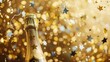 A close-up of a champagne bottle with stars and confetti in the background.