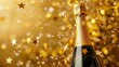 A close-up of a champagne bottle with stars and confetti in the background.