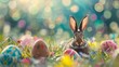 A cute bunny rabbit sits in a field of flowers and Easter eggs.