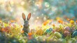 A cute bunny sits in a field of flowers and Easter eggs. The background is soft and out of focus.