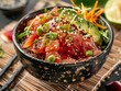 Poke Bowl Ahi Tuna Salmon Scallop Hawaiian Hawaii Rice Food Dinner Background Image