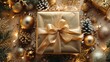 Luxurious Christmas gift composition, top view: golden box with ribbon amidst fir branches, trinkets, unfocused lights on a pastel background, raw style