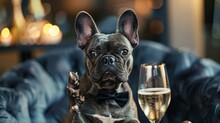 A Dapper French Bulldog Sits In A Chair, Wearing A Bow Tie And Holding A Glass Of Champagne In Its Paw.