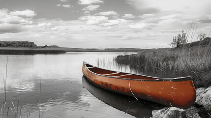 Wall Mural - A canoe sits in the water near a shore