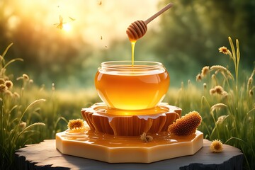 Aesthetic photography of a podium stage displaying a bowl of honey with beautiful drips and a nature sunrise background. Honey product advertisement media. Illustration media information