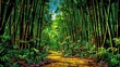 A painting of a green bamboo forest with a road in the middle
