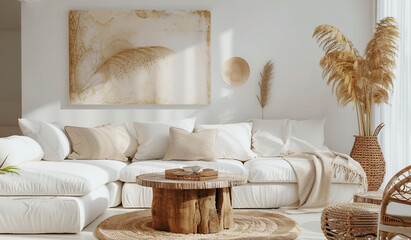 Poster - living room or bedroom, warm white color, wall art in the background, boho style decoration, sofa an
