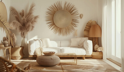 Poster - living room or bedroom, warm white color, wall art in the background, boho style decoration, sofa an