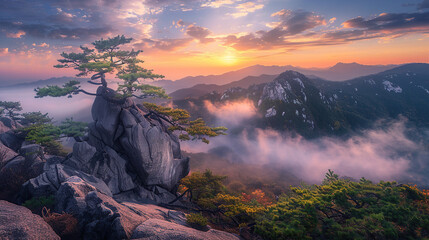 Wall Mural - High angle shot of the sunrise sea of clouds in Mount Huangshan, Anhui Province, China.