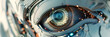 Intricate blend of cyborg female visage and high tech cyber security, A close up of an eye with the word eye on it. 