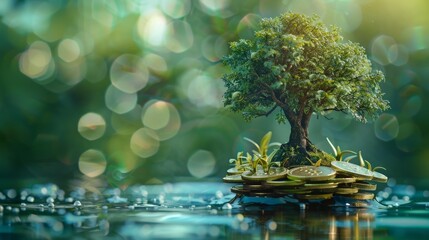 A tree growing on top of a pile of money. The tree is surrounded by water. The background is green and out of focus.