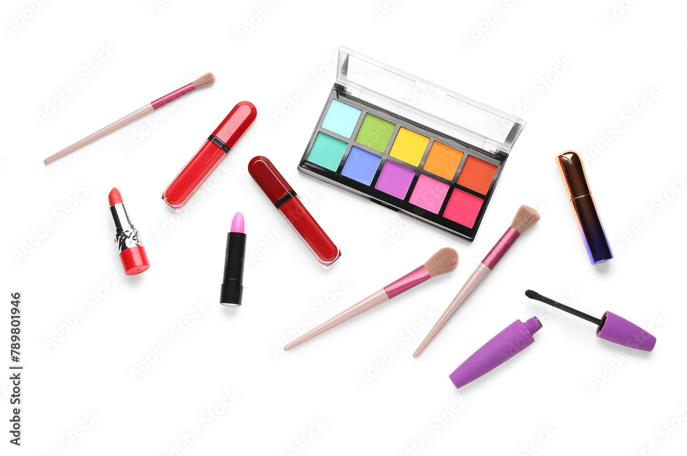 Set of different decorative cosmetics on white background