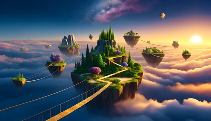 Wall Mural - The concept of opportunity comes at all times, a surreal depiction of floating islands, each with a different vibrant ecosystem, connected by golden bridges.