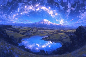 Wall Mural - mountains in the background and an arching galaxy across the sky.