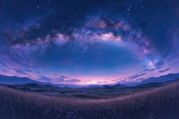 mountains in the background and an arching galaxy across the sky.