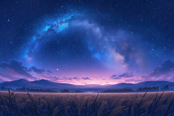 Wall Mural - mountains in the background and an arching galaxy across the sky.