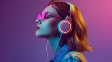 Portrait Of A Young Woman Listening To Music With Headphones.