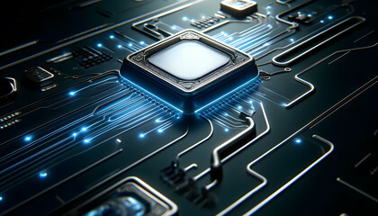 Poster - A CPU on a motherboard, elegantly highlighted with radiant neon light trails in a minimalist setting. The design emphasizes the sleekness and power of modern technology.