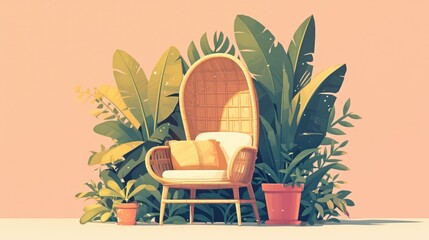 Canvas Print - An inviting easy chair with soft cushions sits surrounded by lush tropical foliage creating a cozy and relaxing atmosphere at home This charming scene is captured in a delightful cartoon fl