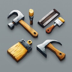 A set of tools, including a hammer, a brush, and an ax