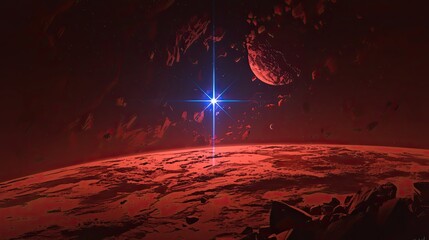 Wall Mural - Red planet in space, nebula and asteroid field. Red star with blue glow on black background. Digital art illustration.