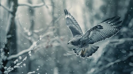grey hawk bird flying in the winter forest, beautiful scene moment