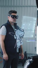 Wall Mural - car service manager conducts car diagnostics using holographic hud interfaces and vr headset. the sp