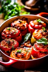 Sticker - Frying pan with stuffed peppers and herbs on the table