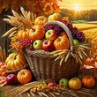 In the crisp air of an autumn day, a rustic basket brims with the vibrant bounty of the season: plump pumpkins, crisp apples, and a kaleidoscope of colorful vegetables, evoking the warmth of harvest t