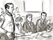 Pastel pencil pen and ink sketch illustration of a courtroom trial setting with lawyer and defendant, plaintiff seated with bailiff during on court case hearing in judiciary court of law and justice.