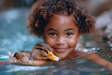 Afro Girl Swims Having Fun With Her Duck At Pool With Water Splash