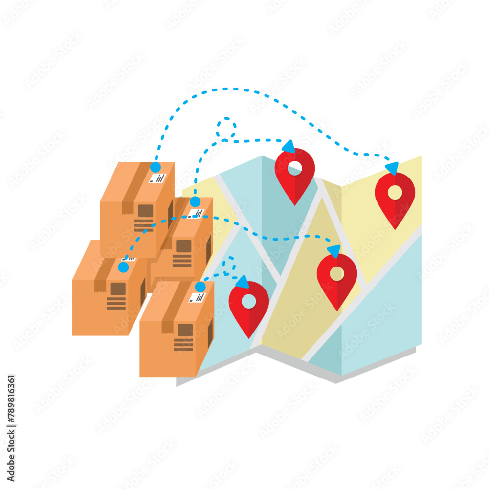 concept illustration of packages and delivery destinations on a map ...