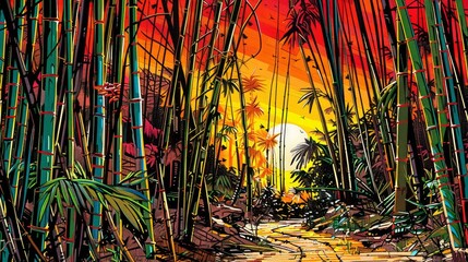 Wall Mural - A painting of a bamboo forest with a road