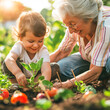 Grandmother teaches gardening to her grandchildren who have fun outdoors. Activities to create relationships