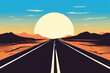 Scene with long road through desert illustration. Road through hot Desert. Vector Illustration. Desert landscape illustration with beautiful sunset view.