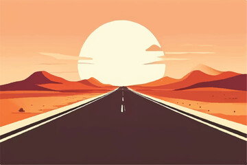 Wall Mural - Scene with long road through desert illustration. Road through hot Desert. Vector Illustration. Desert landscape illustration with beautiful sunset view.