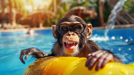 Cheerful monkey enjoying summer fun in a swimming pool