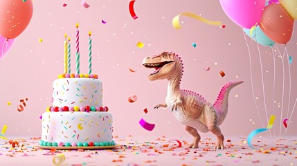 Wall Mural - Dynamic dinosaur celebration: cute dino with birthday cake, confetti, and balloons